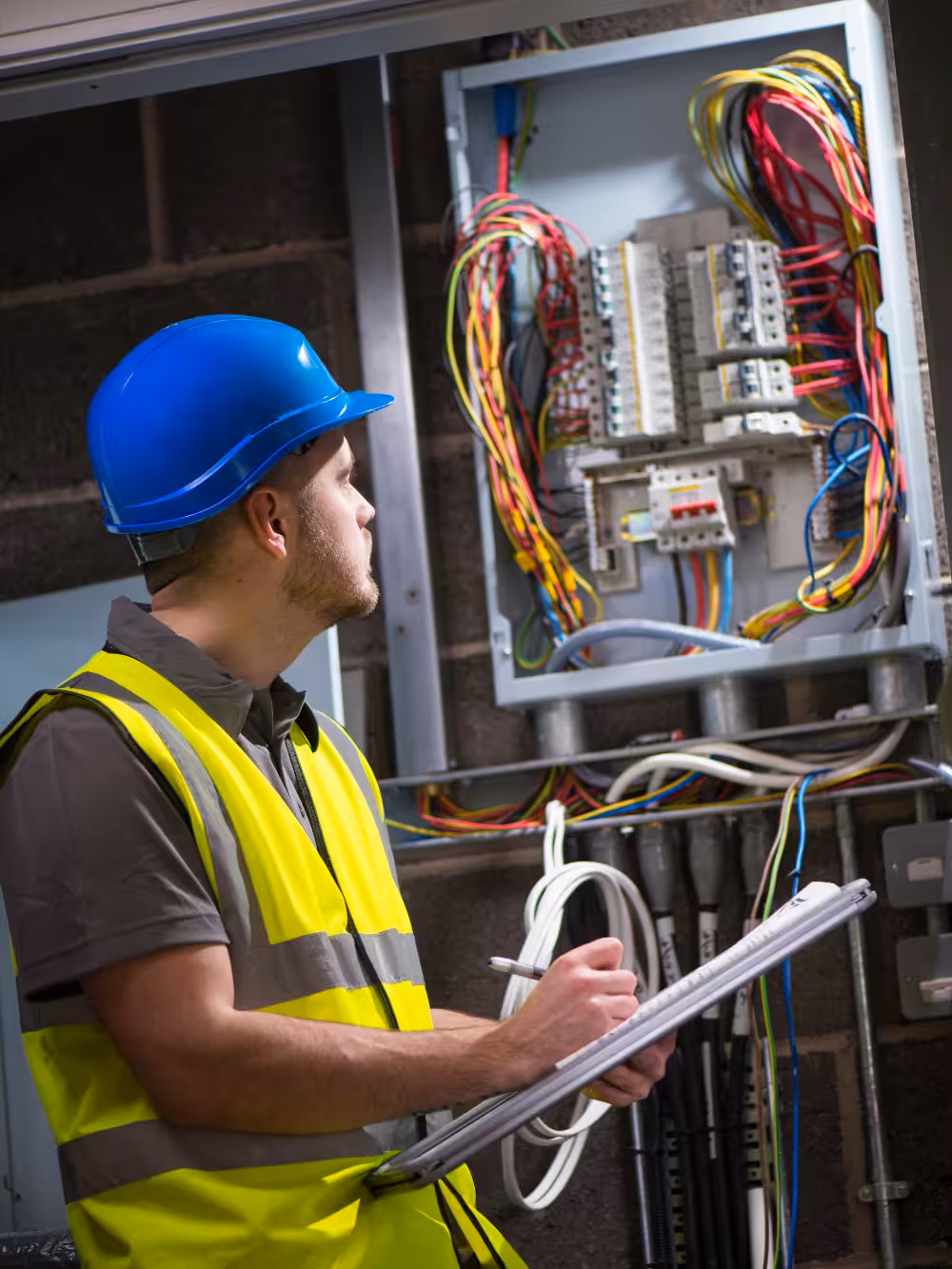 Electricista con un tablero eléctrico